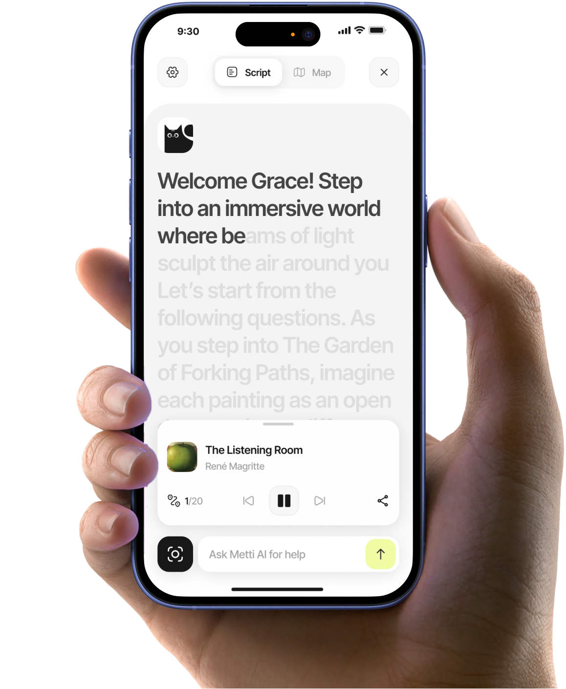 Hand holding phone with artwork recognition screen